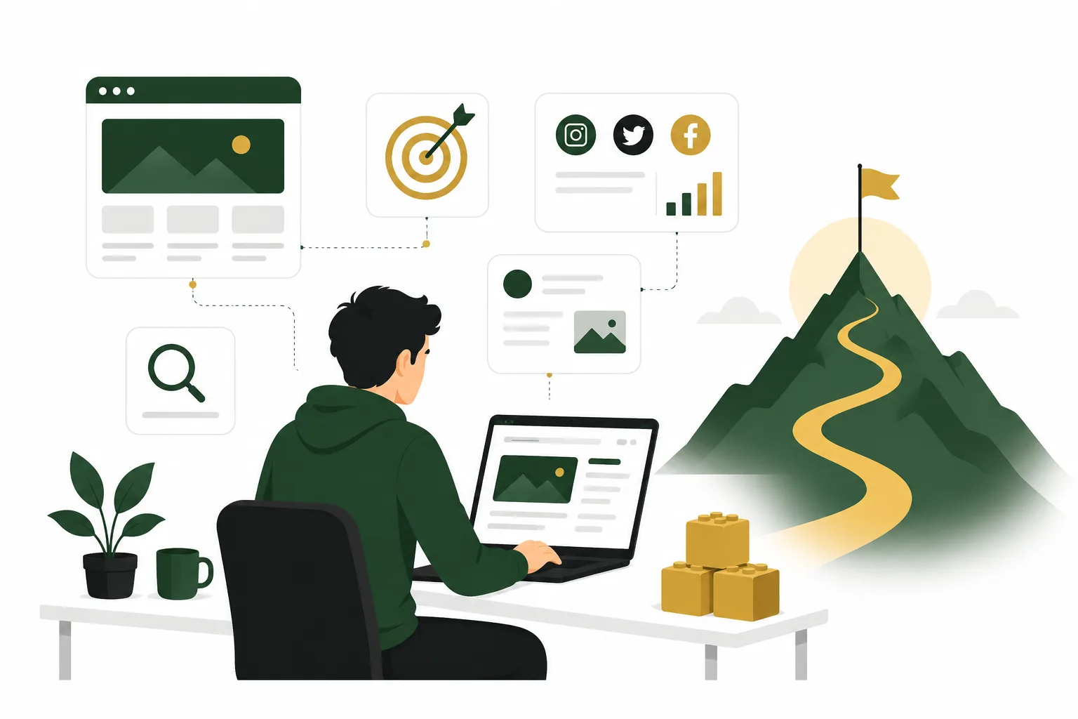 Workspace editorial content marketing notebook and laptop representation